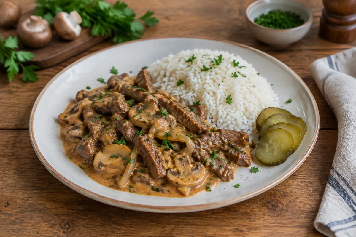 Biff stroganoff – fotograferad ovanifrån