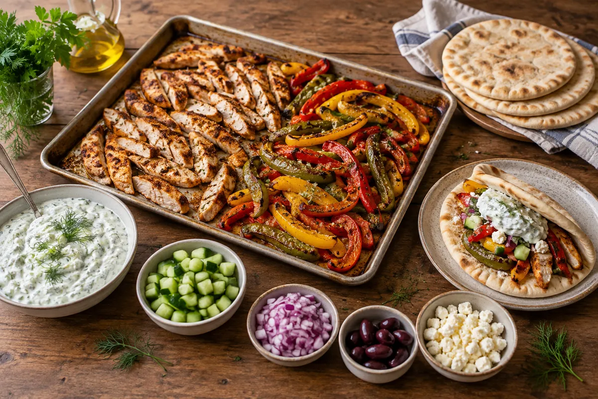 Kycklingpitor med tzatziki från plåten – fotograferad ovanifrån