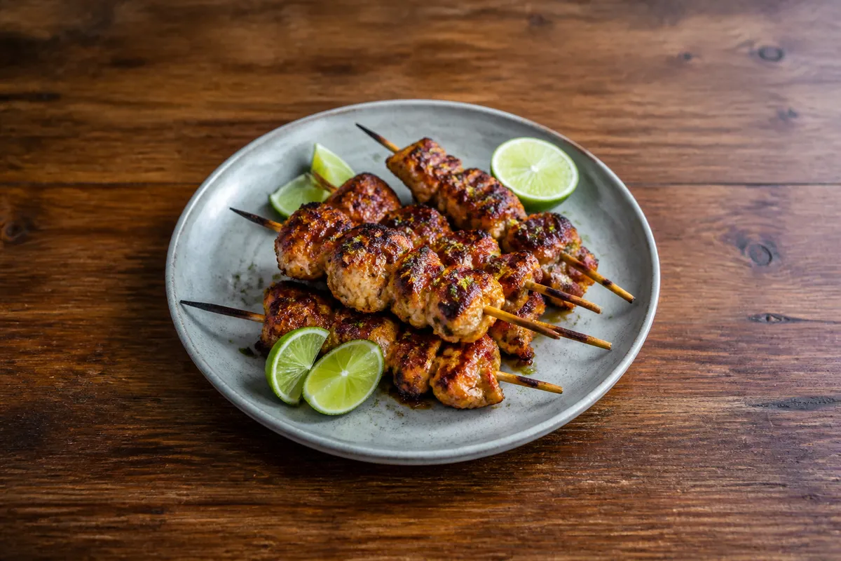 Kycklingspett med honung, lime och sriracha – fotograferad ovanifrån