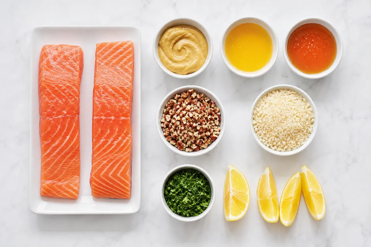 Ingredienser till Ugnsbakad lax med honungssenap och pekantäcke