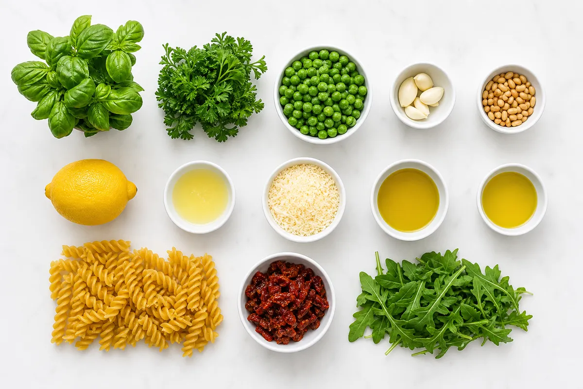 Ingredienser till Pasta med ärtpesto och soltorkade tomater