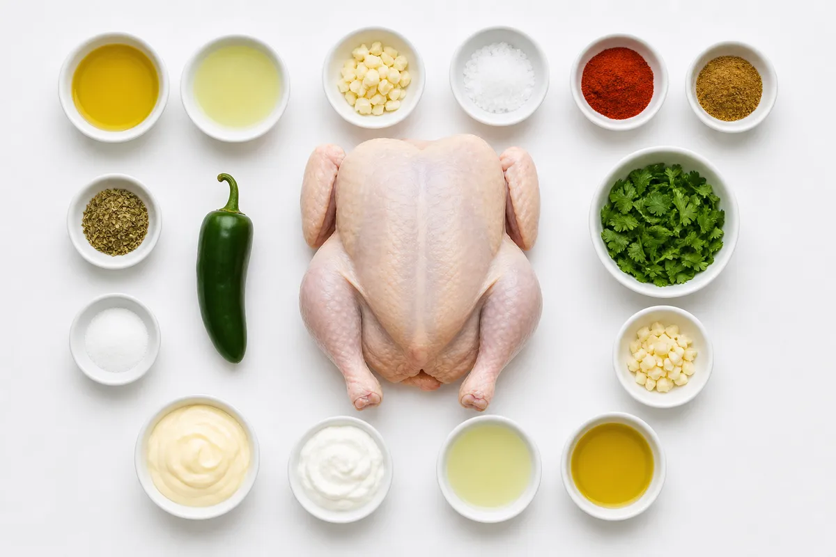 Ingredienser till Peruansk helstekt kyckling med grön sås
