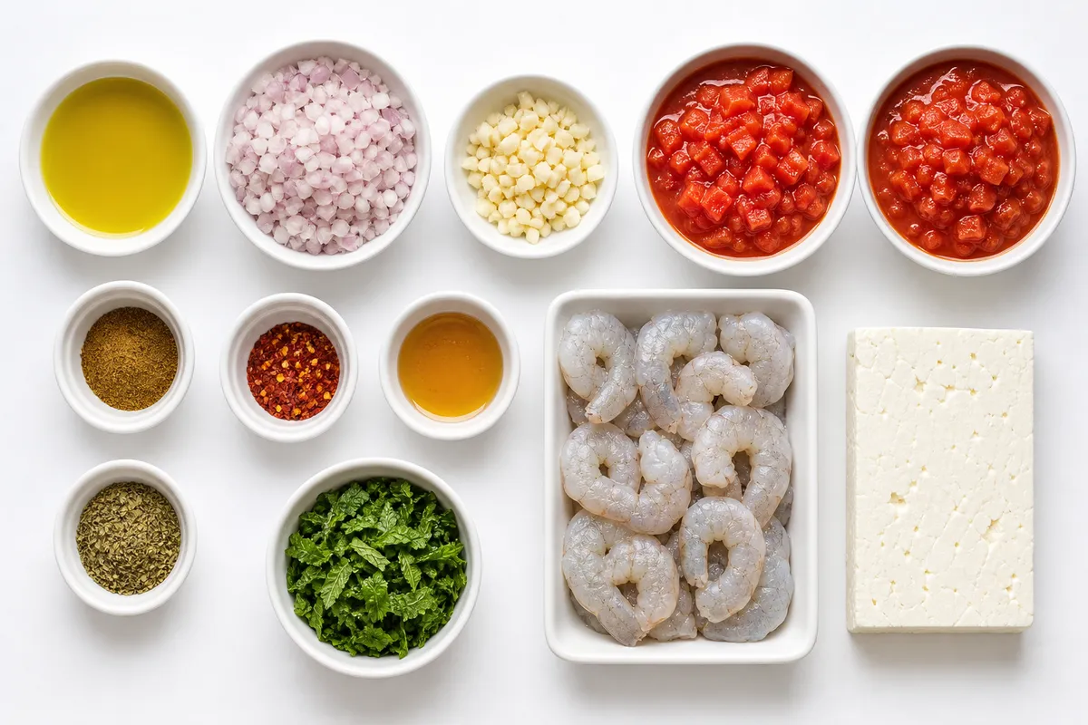 Ingredienser till Räkor saganaki med tomat och fetaost