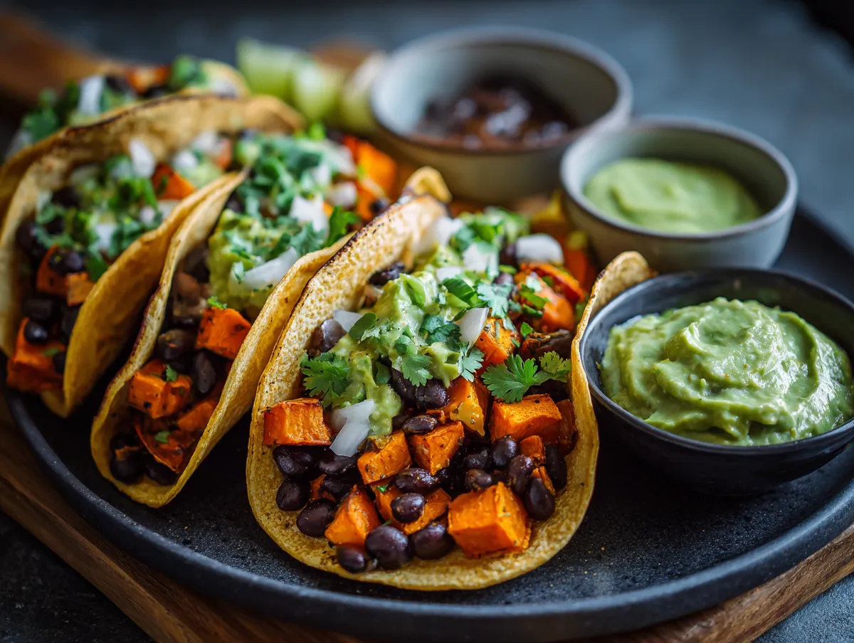 Rostade Sötpotatis-Tacos med Svarta Bönor och Avokado-Pepitadipp
