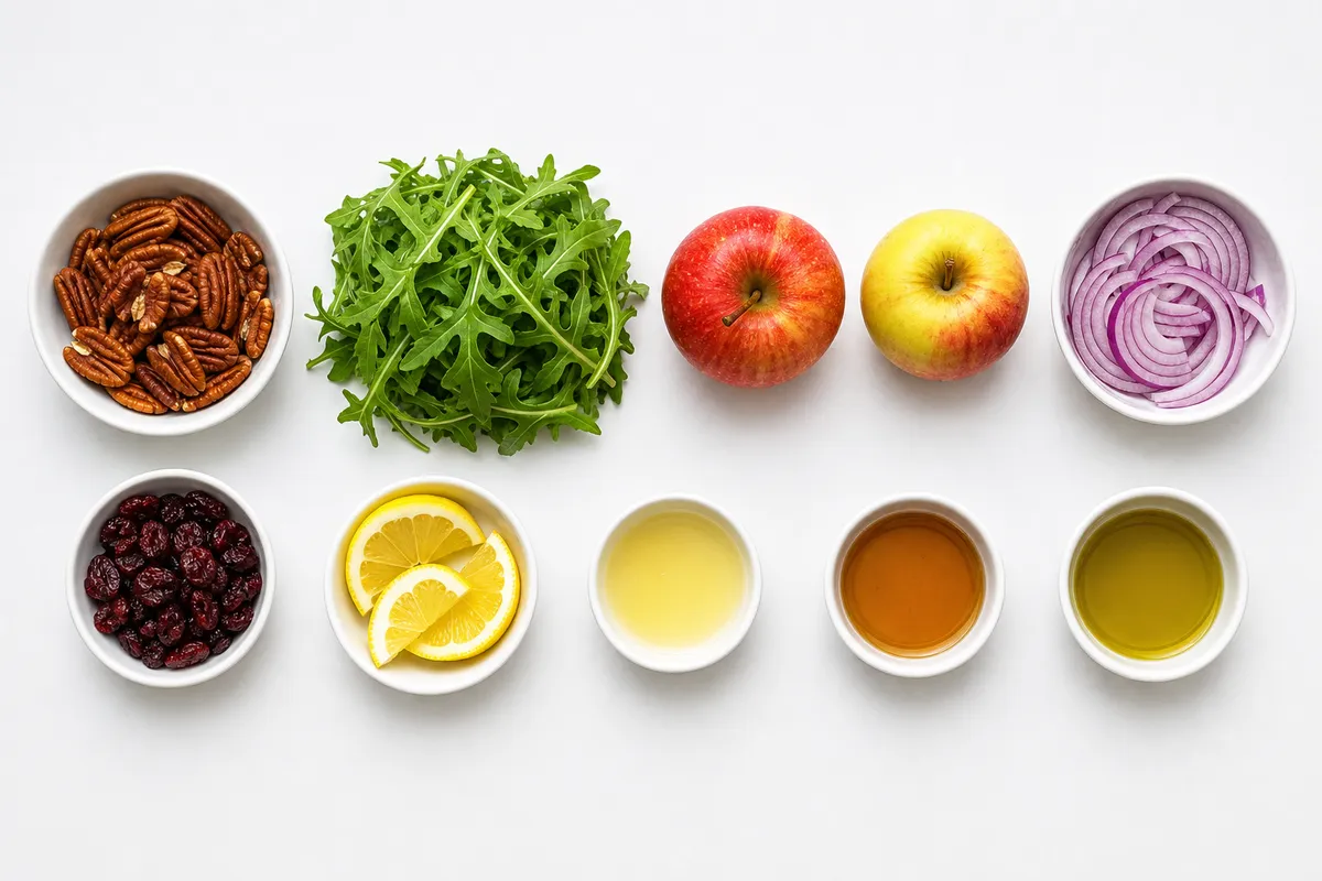 Ingredienser till Ruccolasallad med äpple och pekannötter