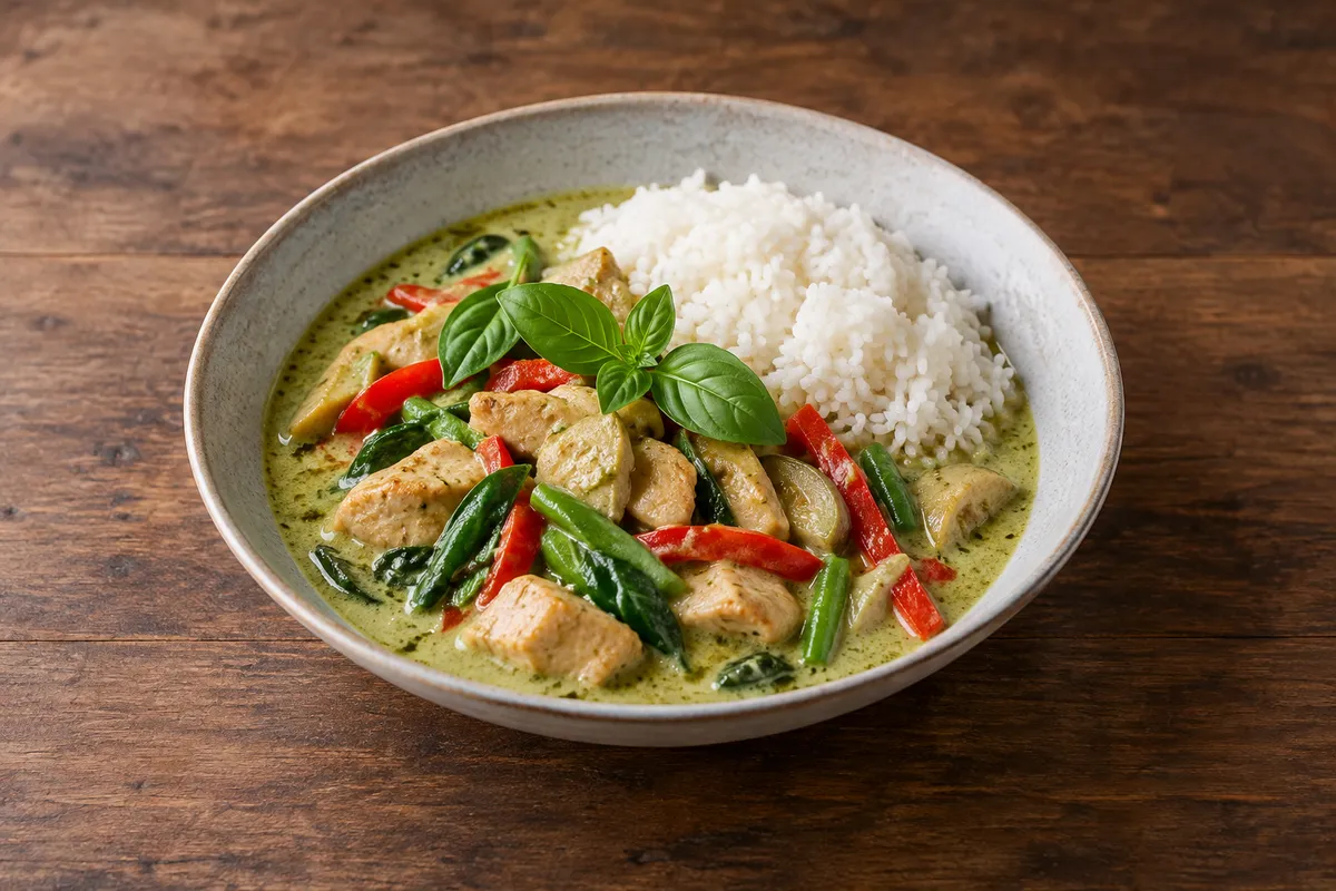 Thailändsk grön curry med kyckling – fotograferad ovanifrån