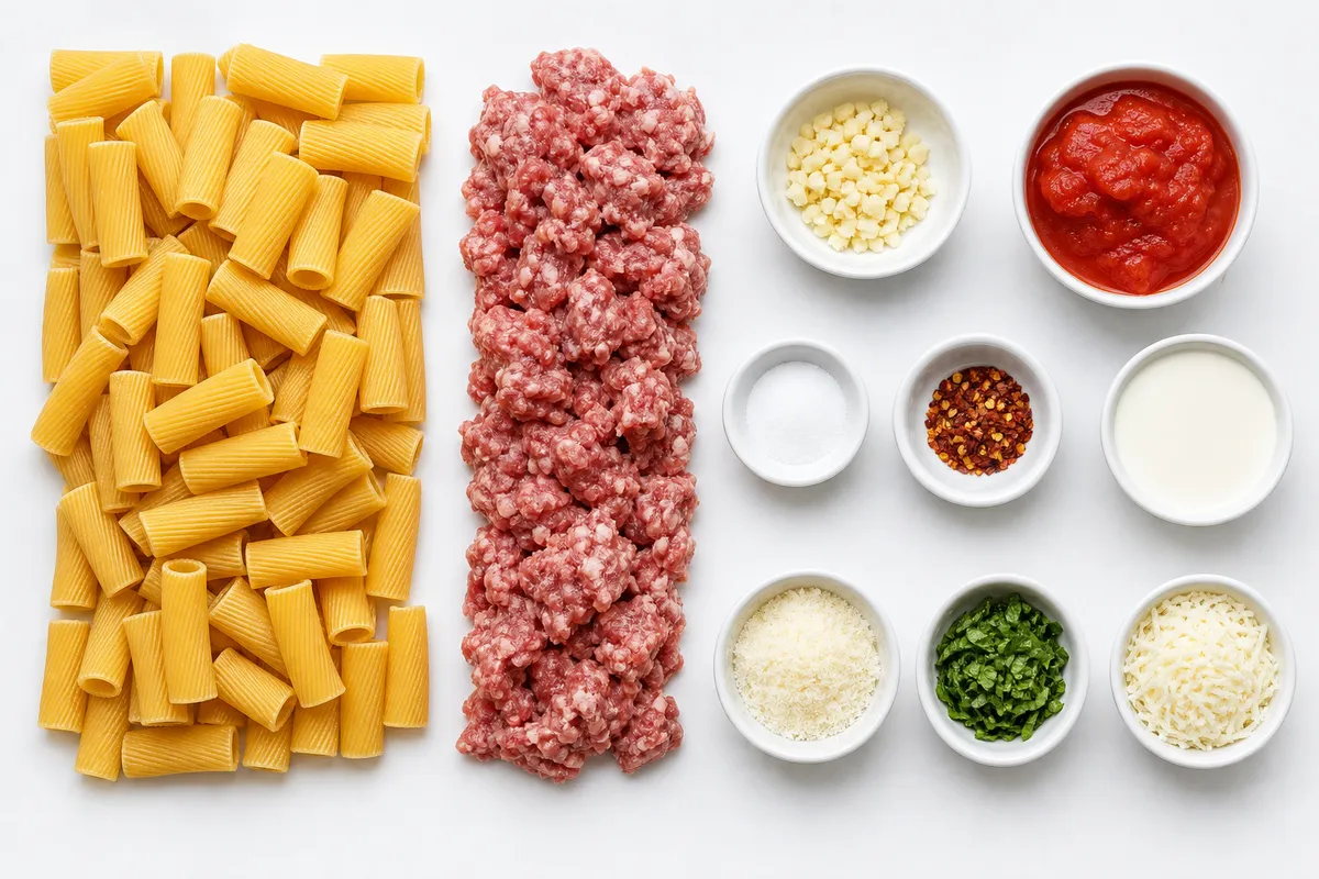 Ingredienser till Ugnsbakad ziti med italiensk korv