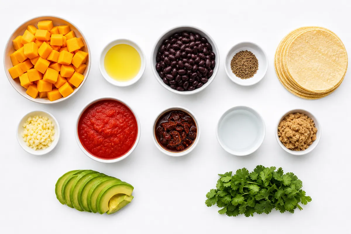 Ingredienser till Vegetariska enchiladas med butternut och svarta bönor
