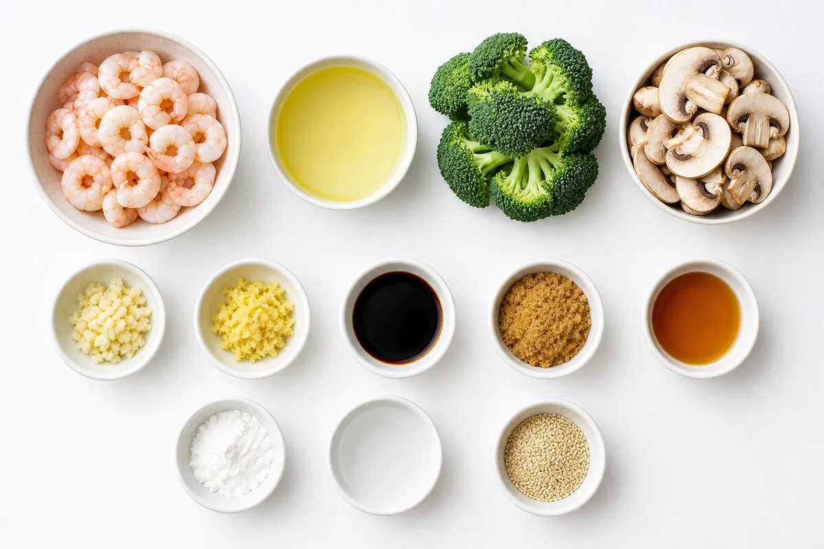 Ingredienser till Wok med Räkor, Broccoli och Svamp i Glasyr