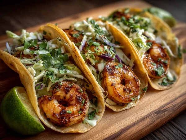 Kryddiga Räktacos med Vitlök-Koriander-Lime Coleslaw