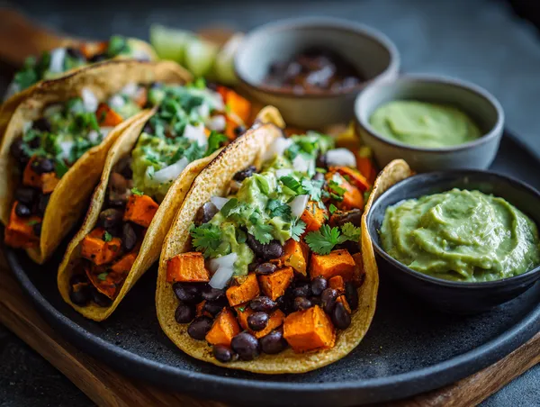 Rostade Sötpotatis-Tacos med Svarta Bönor och Avokado-Pepitadipp
