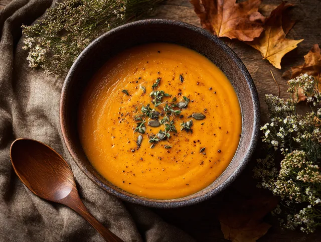 Krämig Butternut Squash-soppa med Salvia och Rosmarin