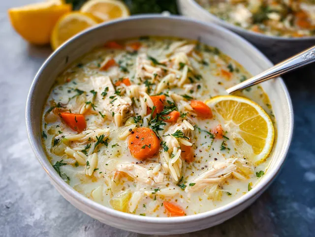 Krämig Citronkycklingsoppa med Orzo
