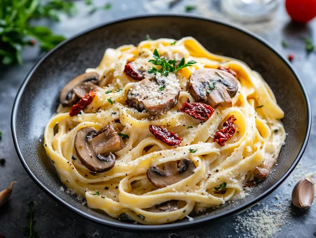 Krämig Pasta med Svamp och Soltorkade Tomater