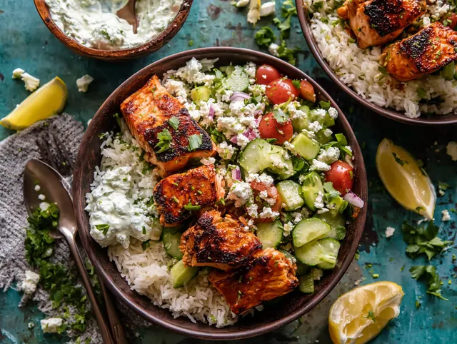 Kryddig Chipotle-Honung Lax Bowl med Avokado-Fetasallad