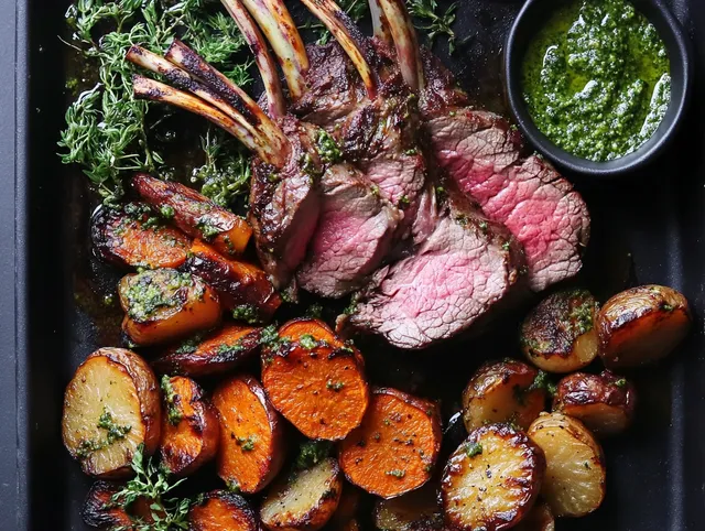 Lammracks med rostade rotfrukter och rödvinssås