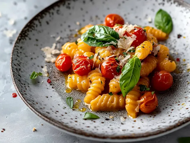Pasta med Karamelliserad Lök och Körsbärstomater