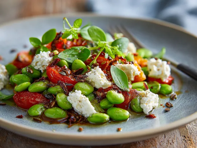 Sallad på bondbönor, fetaost och rostade pumpafrön