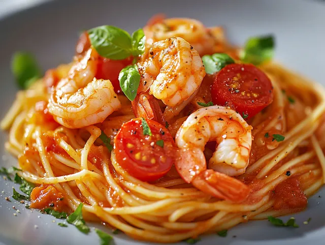 Spaghetti med Räkor och Körsbärstomater