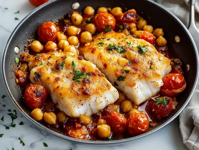 Ugnsbakad torsk med tomater och kikärter