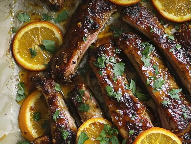 Ugnsgrillade revbensspjäll med apelsin- och ingefärsglaze