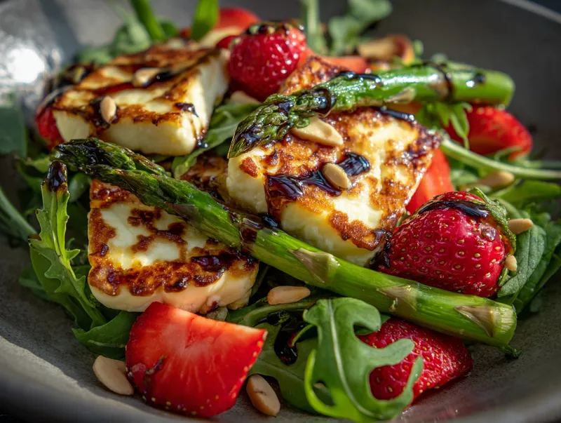 Grillad Halloumi-sallad med Jordgubbar och Sparris