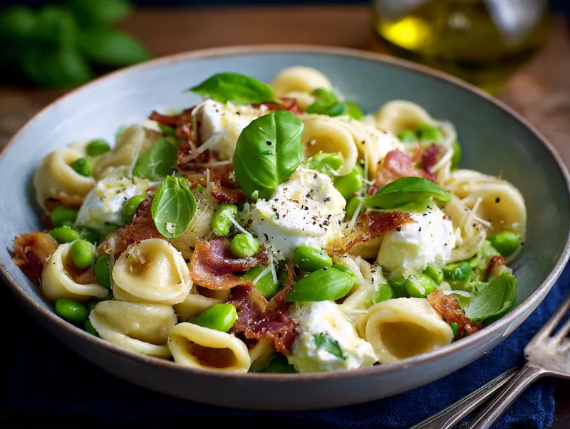 Pasta med bondbönor, bacon och ricotta