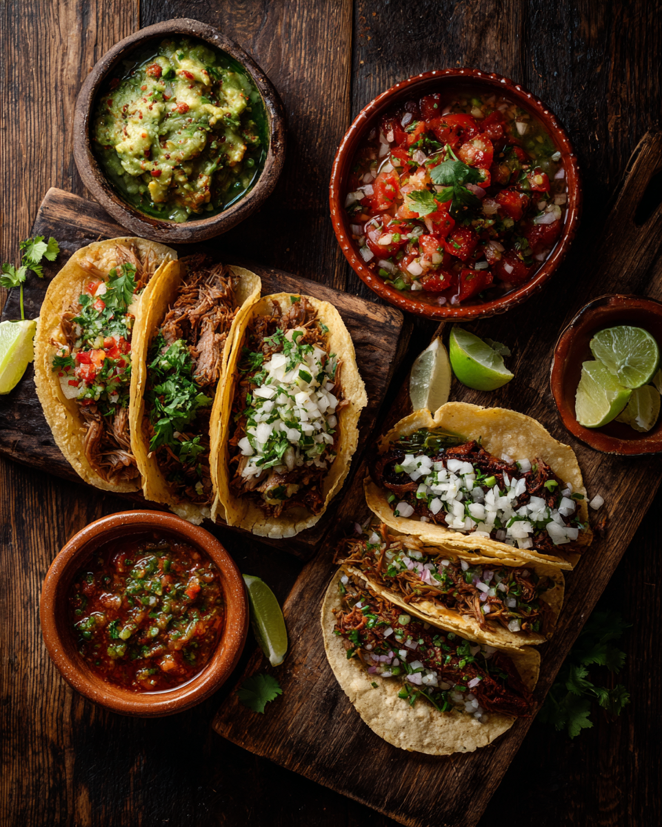 Tacos med olika fyllningar och toppings