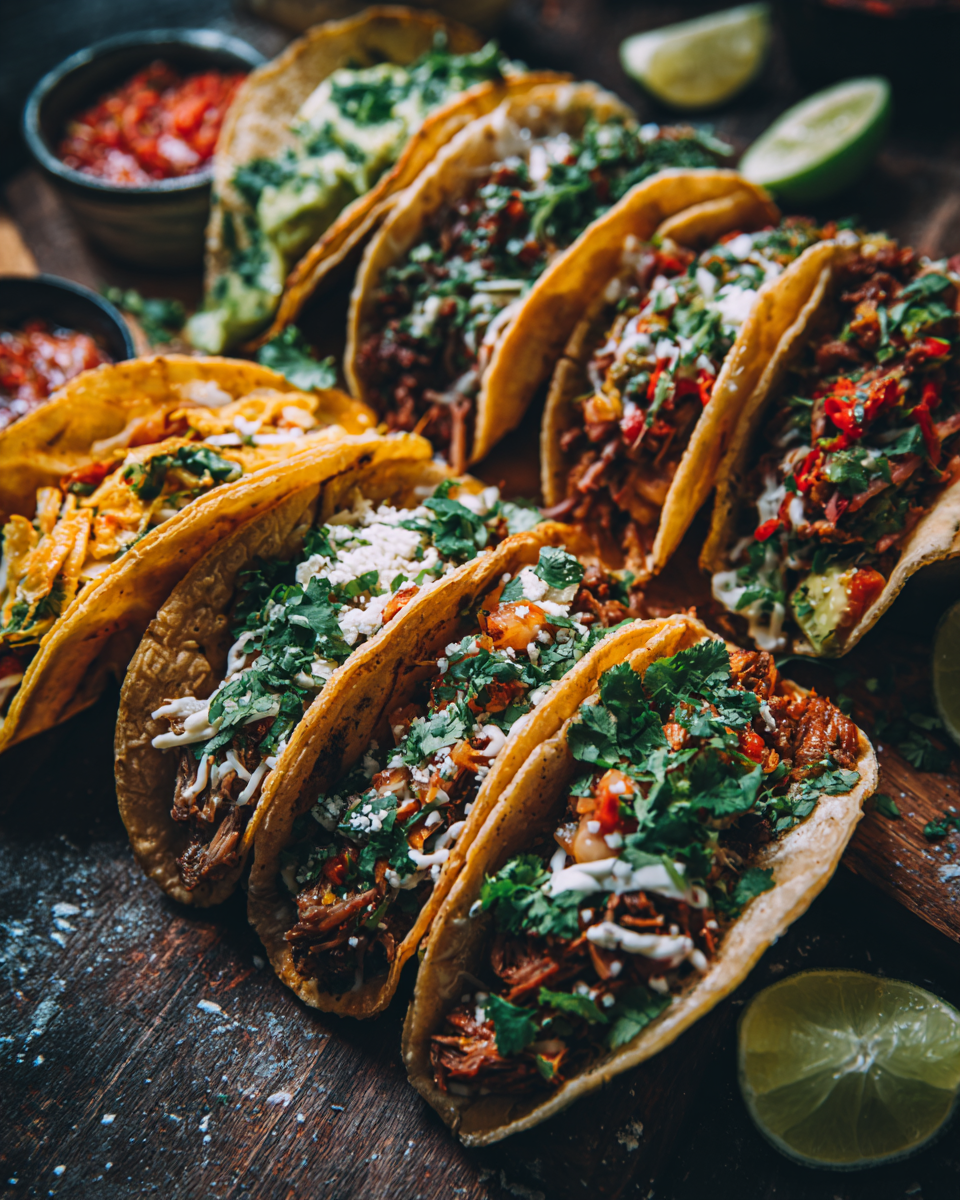 Tacos med olika fyllningar och toppings