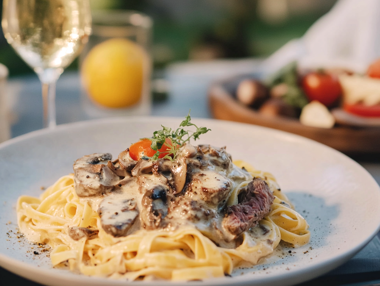 Krämig pasta med lövbiff och champinjoner