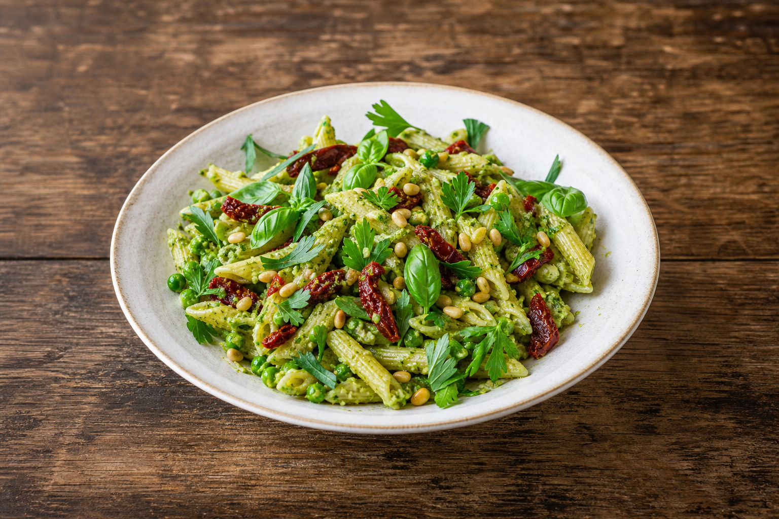 Pasta med ärtpesto och soltorkade tomater